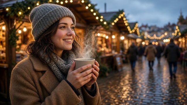 Smiling Young Woman Drinking Hot Beverage at Cozy Outdoor Christmas Market in Winter
