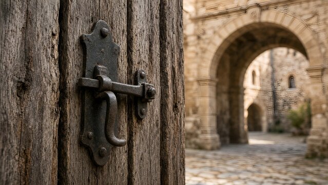 Rustic Wooden Door and Antique Iron Handle Opening to an Ancient Castle Courtyard