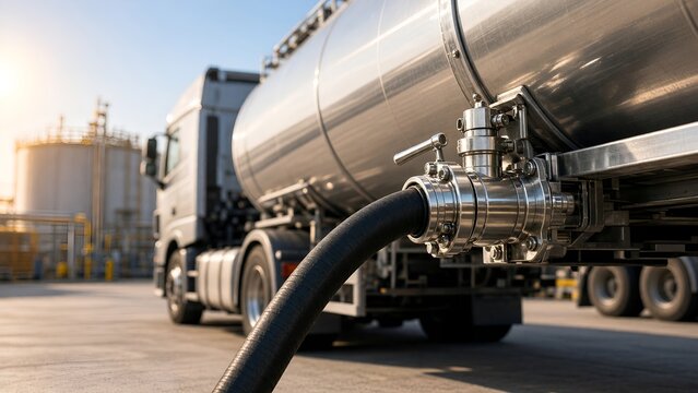 Tanker Truck Discharging Liquid Fuel Through Industrial Hose at Chemical Storage Plant