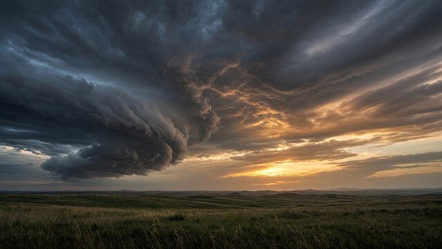 Dramatic Rotating Supercell Thunderstorm Cloud on Horizon of Vast Prairie at Sunset