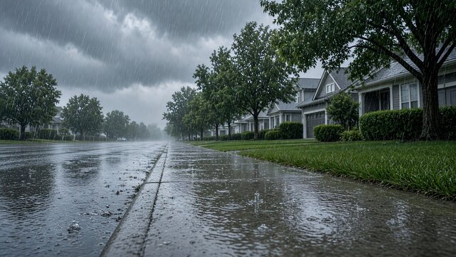 Heavy Rain and Hail Pouring down on Suburban Neighborhood Street During Severe Storm