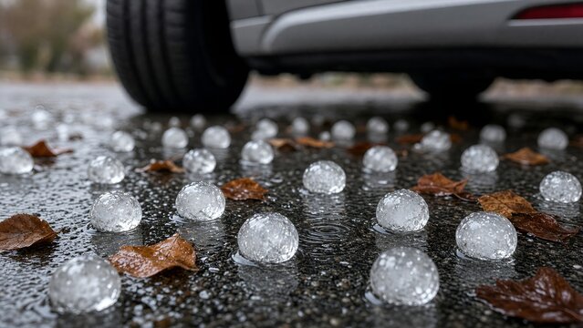 Large Hailstones Scattered on Wet Asphalt Road Near Car Tire After Severe Hailstorm