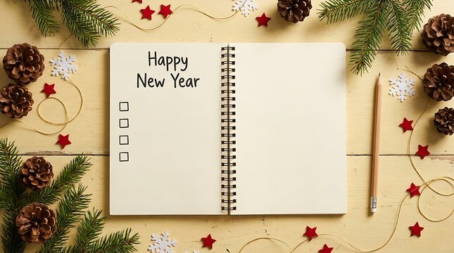 Happy New Year Notebook with Blank Resolution Checklist, Festive Pine Cones, and Snowflakes on Rustic Wooden Background, Flat Lay with Copy Space.
