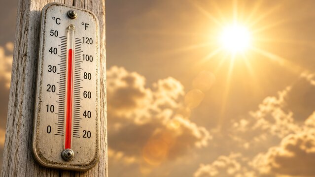 Thermometer Showing Extremely High Temperature Under Scorching Blazing Summer Sun