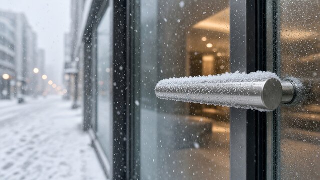 Snow Covered Metal Door Handle on Glass Entrance of Modern Building During Winter Blizzard