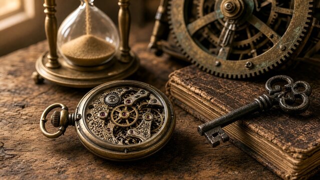 Vintage Pocket Watch Mechanism with Hourglass and Antique Clock Gears on Wooden Table