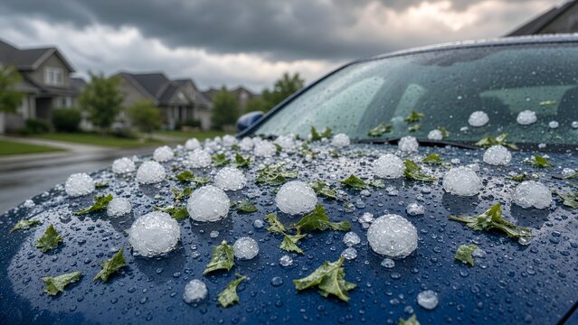 Large Hailstones and Fallen Leaves Covering a Car Hood After Severe Weather Hailstorm