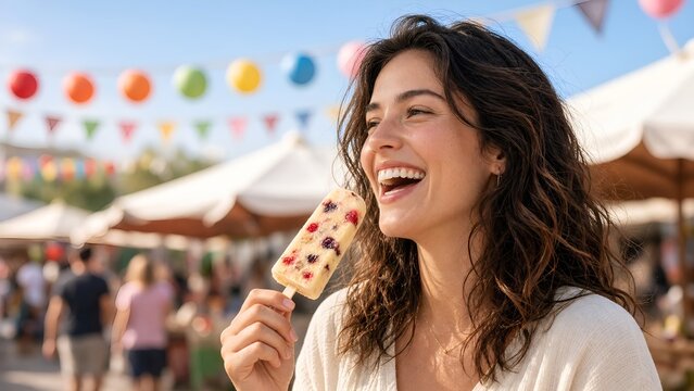 Smiling Young Woman Enjoying Delicious Berry Ice Pop at Sunny Summer Fair Outdoors