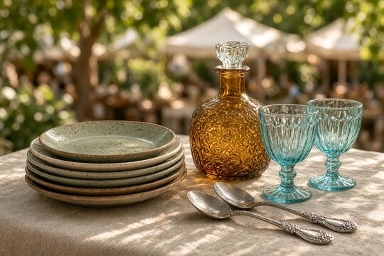 Rustic Outdoor Table Setting with Ceramic Plates, Amber Decanter, and Blue Goblets