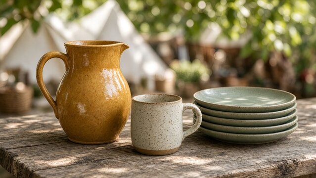 Handcrafted Ceramic Pitcher, Mug, and Stack of Plates on a Rustic Wooden Table Outdoors