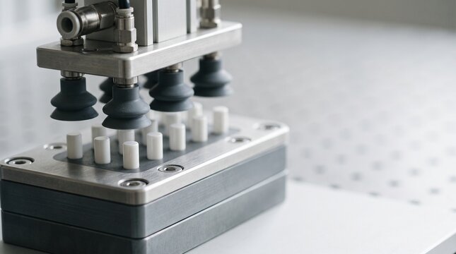 Ceramic datum pins align with vacuum end effector
