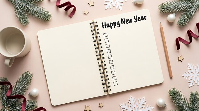 Happy New Year spiral notebook with checklist, pine branches, and ornaments on a soft pink background
