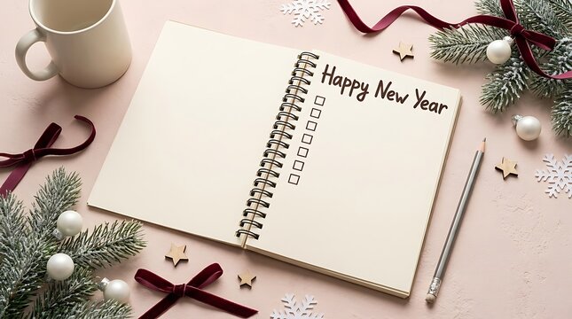 Happy New Year Resolutions Notebook with Checklist and Festive Winter Decorations, Flat Lay on Pink Background with Copy Space for Goals and Planning.