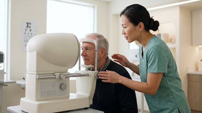 Technician guides senior into visual field screening
