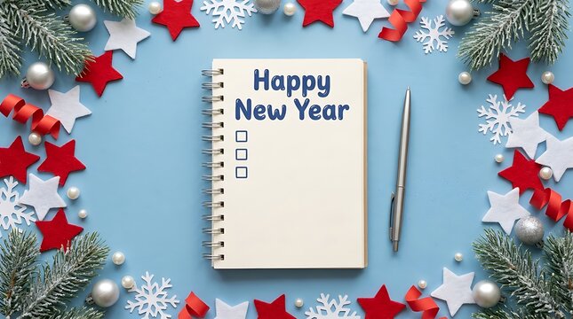 Happy New Year Notebook with Blank Checklist for Resolutions, Surrounded by Festive Christmas Decorations on Blue Background, Flat Lay