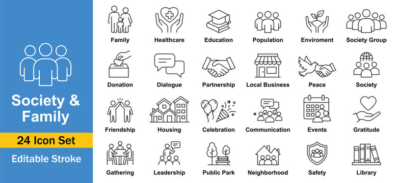 Society and Family line icon set, Family Relationships, Community Support, Social Services and Everyday Life, Editable Stroke icons vector illustration