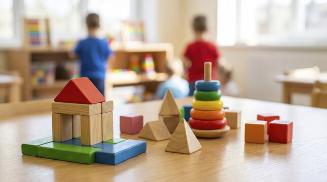 Educational wooden building blocks rest upon sunlit kindergarten table surface, creating lively learning atmosphere while young preschool students explore playroom in soft background.
