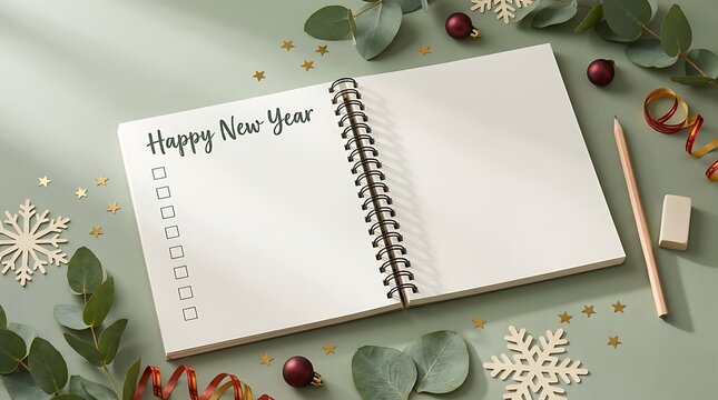 Happy New Year Resolutions Planning in Open Notebook with Checklist, Pencil, and Festive Decorations on Green Background, Flat Lay.