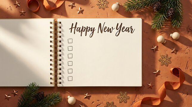 New Year Resolution Planning Notebook with 'Happy New Year' Text and Checklist, Surrounded by Festive Holiday Decorations Flat Lay