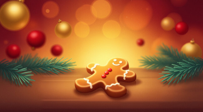 Soft-focus gingerbread cookie illustration with glowing icing, pine needles, berries, warm bokeh lights; festive stock art.

