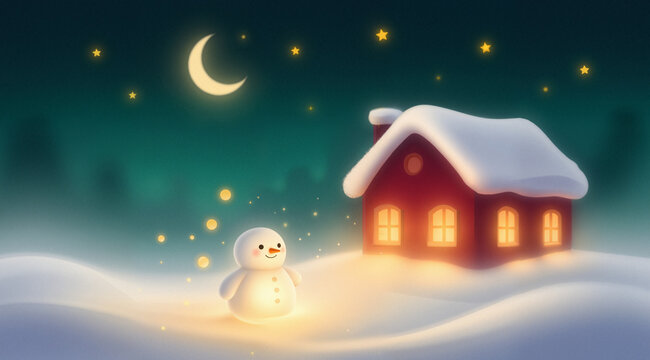 Soft-focus gingerbread cookie illustration with glowing icing, pine needles, berries, warm bokeh lights; festive stock art.
