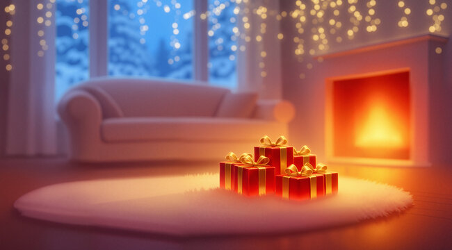 Soft-focus glowing holiday living room with gifts, sofa, fireplace, fairy lights, winter window; luxurious stock illustration.
