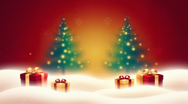 Luminous glow Christmas illustration with snowy drifts, gift boxes, evergreen trees, golden lights, red gradient background; magical stock art.
