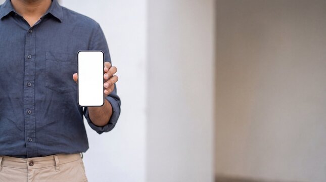 Cropped Indian professional holding blank smartphone screen in modern minimalist office