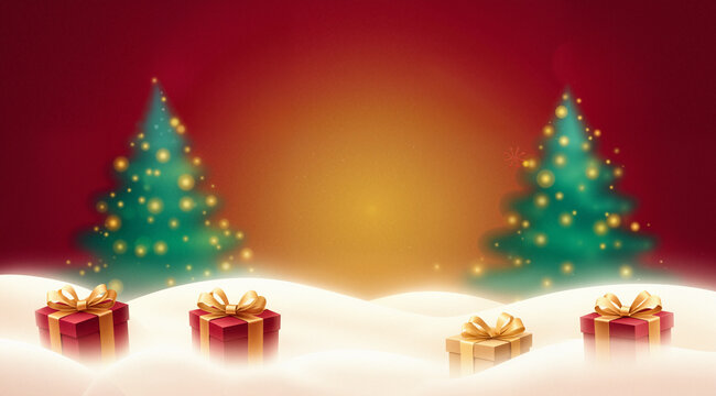 Luminous glow Christmas illustration with snowy drifts, gift boxes, evergreen trees, golden lights, red gradient background; magical stock art.
