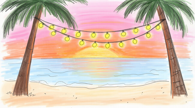 Tropical Christmas illustration with palm trees, fairy lights, beach sunset, ocean; whimsical holiday stock art.
