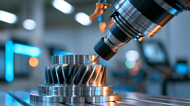 CNC machining center cutting a turbine wheel inside a clean industrial workshop, metallic blades and spindle illuminated by factory lights, precision component manufacturing,