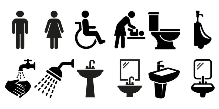 Real Estate icons collection simple vector illustration depicting facilities and accessibility features woman and man public toilet vector signs