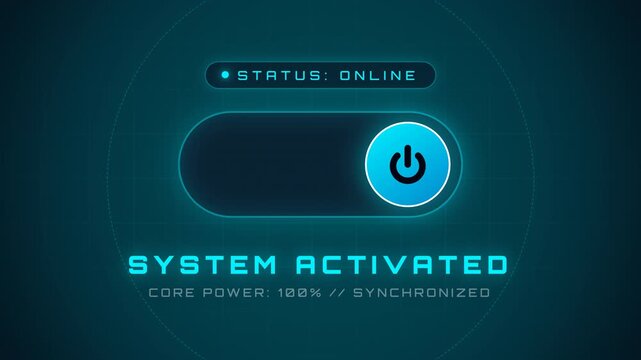 Futuristic digital power button toggle for system status interface