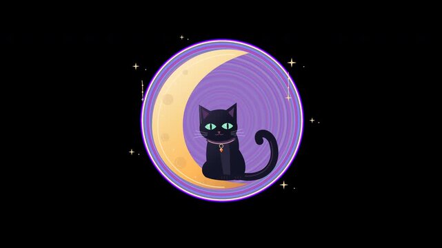 Black cat sitting on a crescent moon inside a purple circle animation