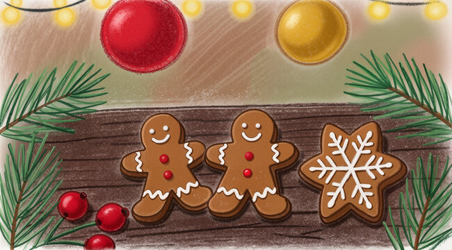 Close-up colored pencil holiday baking illustration with gingerbread cookies, pine sprigs, berries; cozy festive stock art.

