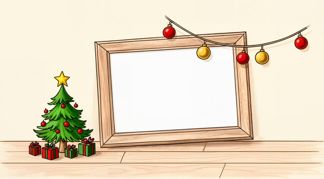 Hand-drawn holiday mockup with blank frame, Christmas tree, gifts, ornaments, cream wall; festive stock template.
