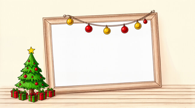 Hand-drawn holiday mockup with blank frame, Christmas tree, gifts, ornaments, cream wall; festive stock template.
