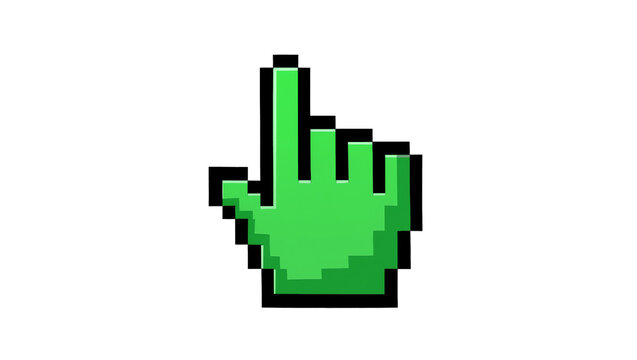 Green pixelated hand cursor pointing upwards, isolated on transparent background