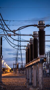 Electrical insulators on steel structures at power substation during blue hour twilight