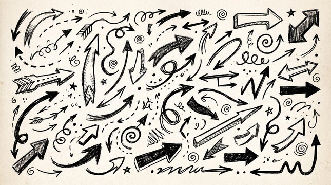 Hand drawn black doodle arrows pointing in various directions on textured background