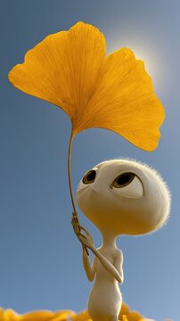 Cute alien creature holding giant golden ginkgo biloba leaf against blue sky 3D rendered fantasy character illustration autumn nature concept charming extraterrestrial mascot with large curious eyes