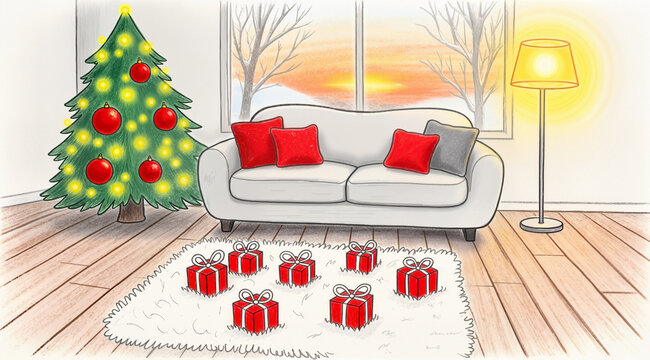 Hand-drawn cozy holiday living room with sofa, Christmas tree, gifts, rug, window sunset; warm childlike stock illustration.
