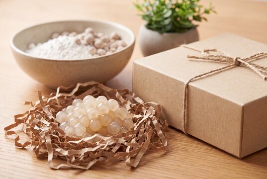 Packaged pearl beads beside a tied kraft gift box