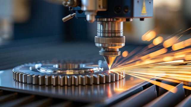 Industrial laser engraving system marking a metal gear with a focused beam and a shower of orange sparks, dark enclosed workshop and detailed metallic surface, laser machining,