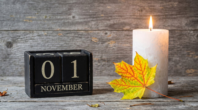 Wooden perpetual calendar showing november 1st date near lit candle and autumn maple leaf on vintage wooden background