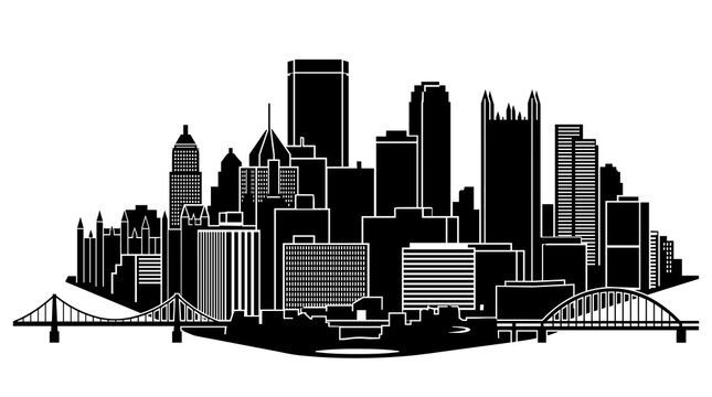 Pittsburgh Pennsylvania City Skyline Silhouette with Iconic Buildings like PPG Place and U.S. Steel Tower; Black Vector Graphic of Downtown Urban Landscape with River Bridges