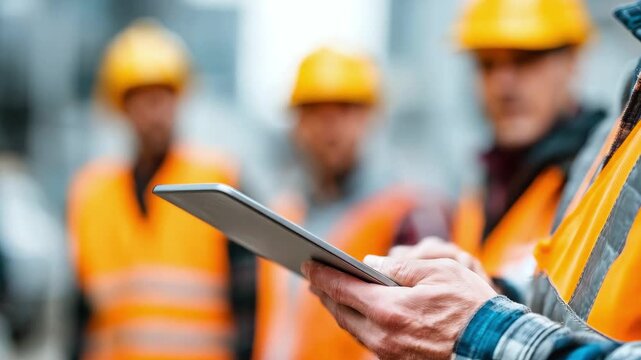 A worker with a tablet, with a team in hard hats and vests in the background at a construction site. Concept for the digitalization of construction, control, and planning