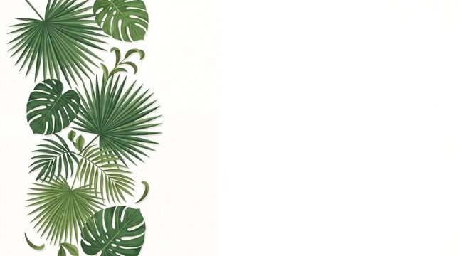 Charming tropical botanical side border illustration featuring lush green palm leaves, monstera fronds, and exotic foliage arranged neatly along the left edge against a clean white backgroun
