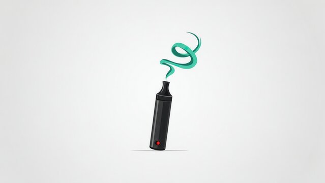 A stylized flat vector illustration of an electronic cigarette with green vapor swirls. Minimalist vape device design for smoking cessation or lifestyle concepts.