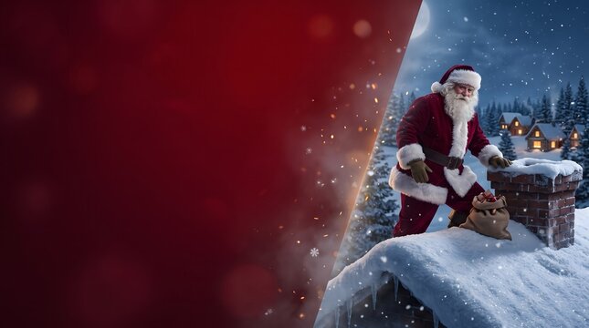 Santa claus climbing down a brick chimney with a sack of gifts winter scene fatherchristmas saintnicholas brickwork fireplace snowfall wintertime